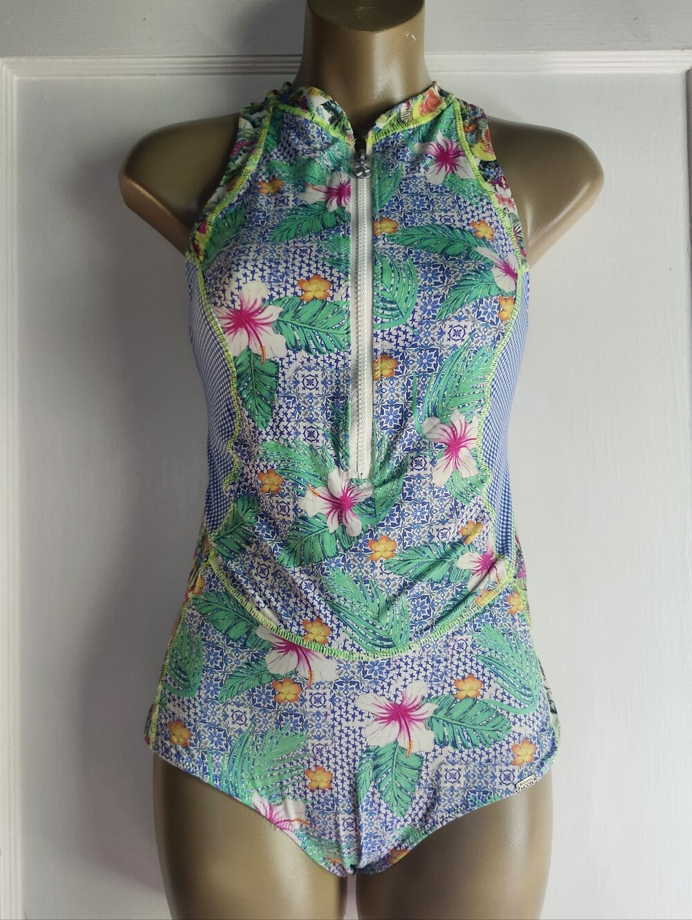 Banana Moon Tropical Floral One-Piece Swimsuit with Front Zip SMALL